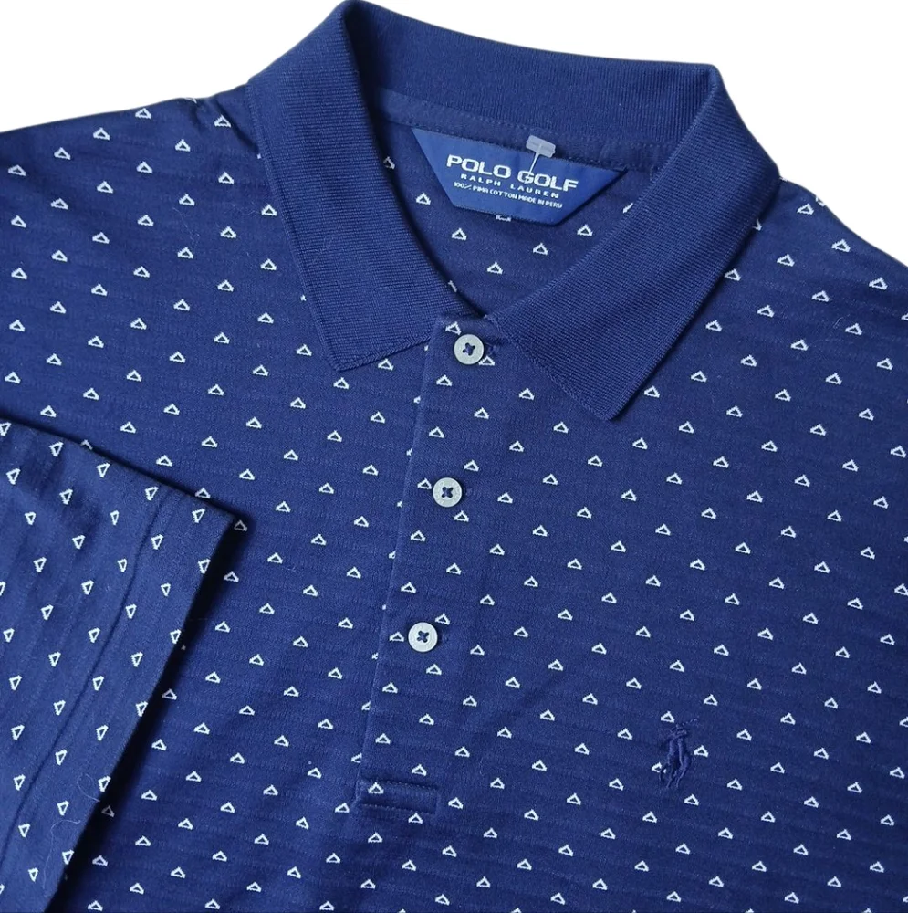 Polo‎ Golf Ralph Lauren Shirt Mens M Navy Blue Geometric AOP Pima Cotton Polo